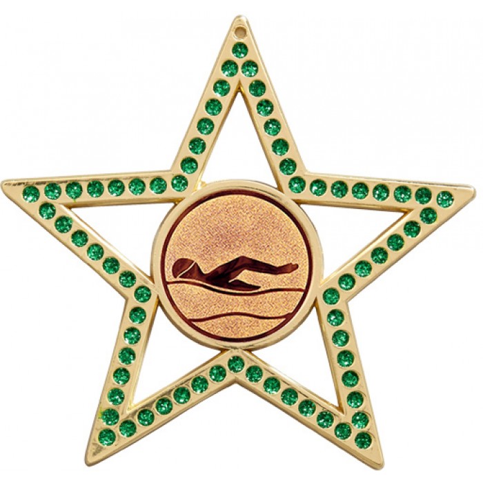 75MM STAR MEDAL - SWIMMING  - GREEN- GOLD, SILVER & BRONZE